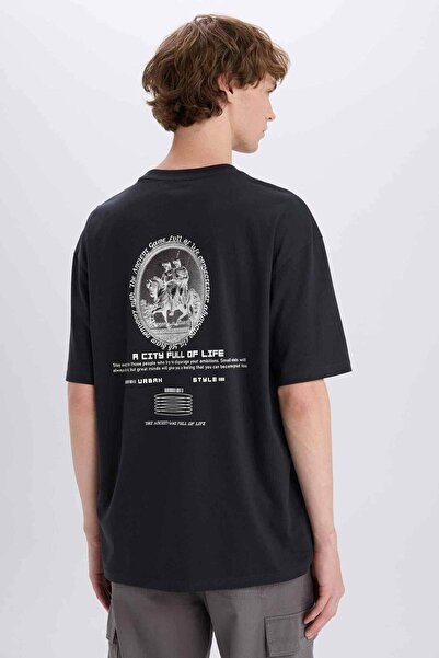 DeFacto 100% Cotton Boxy Fit Crew Neck Back Printed Short Sleeve T-Shirt E4544Ax25Sm