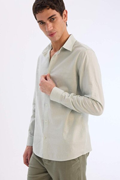 DeFacto Regular Fit Polo Yaka Keten Karışımlı Yazlık Uzun Kollu Gömlek E0518AX25SM