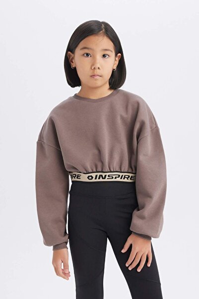 DeFacto Girls' Crop Crew Neck Printed Soft Furry Sweatshirt D6186A824Wn
