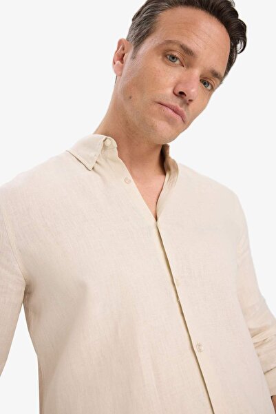 DeFacto %100 Keten Regular Fit Polo Yaka Yazlık Basic Düz Uzun Kollu Gömlek C1825AX25SM