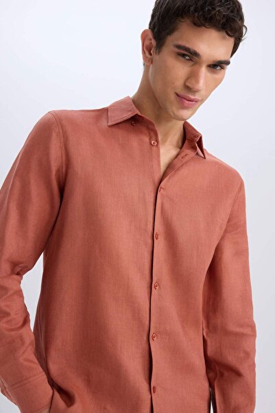 DeFacto %100 Keten Regular Fit Polo Yaka Yazlık Basic Düz Uzun Kollu Gömlek C1825AX25SM