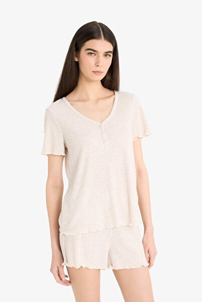 DeFacto Regular Fit Ribana Kısa Kollu Üst Beli Lastikli Şort- Fall in Love E9832AX25SM