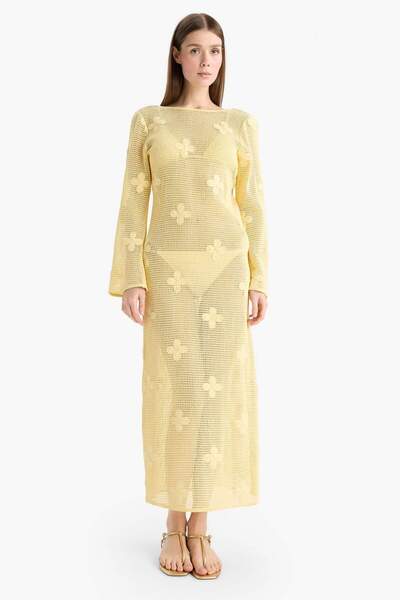 DeFacto Regular Fit Long Sleeve Ruched Maxi Beach Dress-Fall in Love E0603Ax25Sm