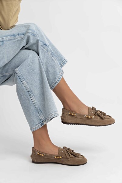 NİŞANTAŞI SHOES Fisher Rome Bej Hakiki Süet Düz Taban Boncuk Detay Kadın Babet Ayakkabı