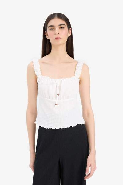 DeFacto Slim Fit Dar Kesim Kare Yaka Bürümcük Beyaz Atlet F3186AX25SM