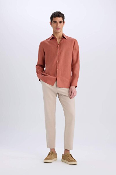 DeFacto %100 Keten Regular Fit Polo Yaka Yazlık Basic Düz Uzun Kollu Gömlek C1825AX25SM