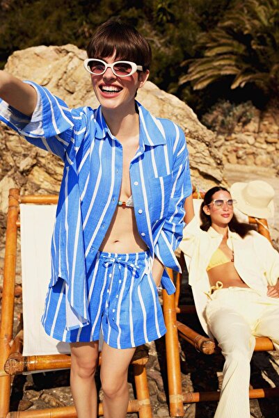 DeFacto Oversize Geniş Kalıp Çizgili Müslin Uzun Kollu Gömlek F2244AX25SM