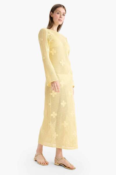 DeFacto Regular Fit Long Sleeve Ruched Maxi Beach Dress-Fall in Love E0603Ax25Sm