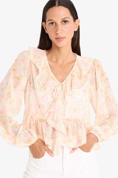 DeFacto Regular Fit Floral Şifon Uzun Kollu Bluz F4881AX25SM