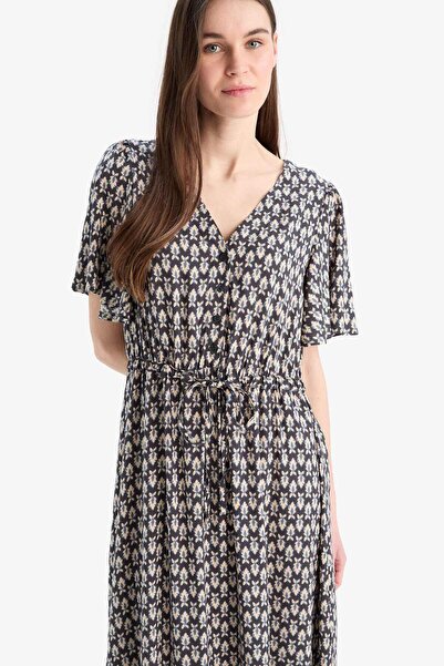 DeFacto V-Neck Floral Print Lace-Up Short Sleeve Midi Summer Dress D2835Ax25Sm