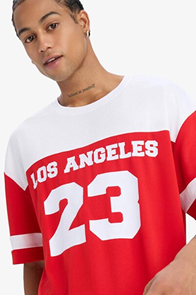 DeFacto DeFactoFit Hızlı Kuruyan Oversize Geniş Kalıp Bisiklet Yaka Baskılı Sporcu Kısa Kollu Tişört E4120AX