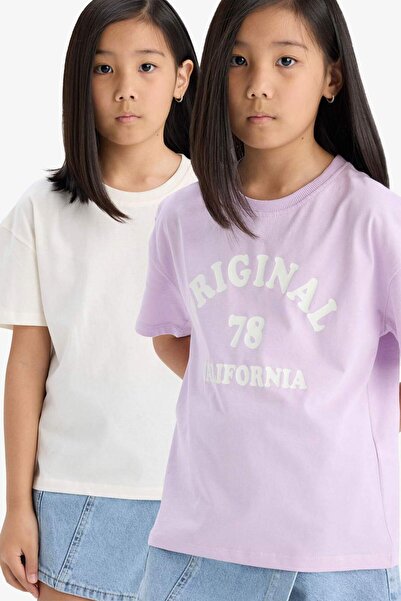 DeFacto Mädchen Relax Fit Rundhalsausschnitt Anime bedrucktes 2-teiliges Kurzarm-T-Shirt D9434A825SM