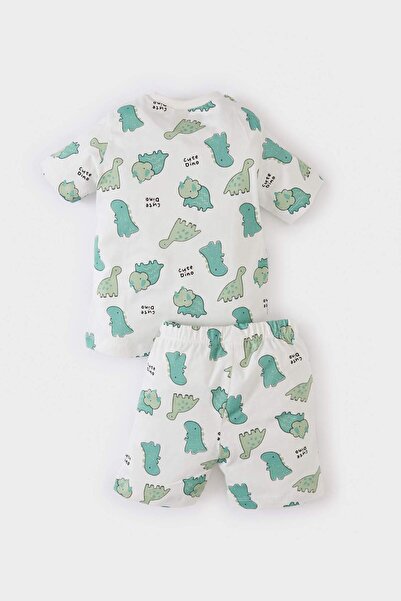 DeFacto Pyjama-Set für Babys, Jungen, Dinosaurier-Motiv, kurzärmeliges Oberteil aus gekämmter Baumwolle, elastische Shorts an der Taille, E1178A525SM
