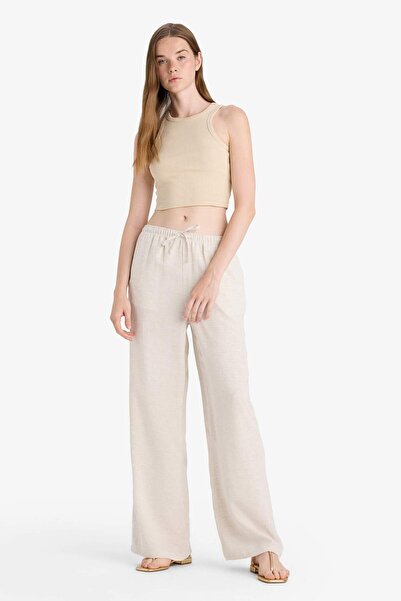 DeFacto Wide Leg Cepli Yüksek Bel Standart Boy Keten Karışımlı Pantolon F5024AX25SP
