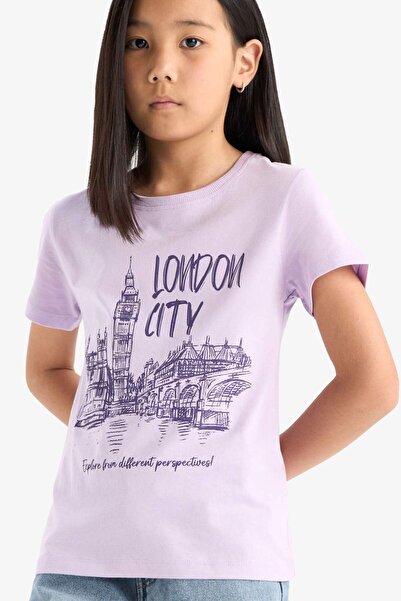 DeFacto Κοριτσίστικο μπλουζάκι με λαιμόκοψη με στάμπα κοντομάνικο E0349A825SM