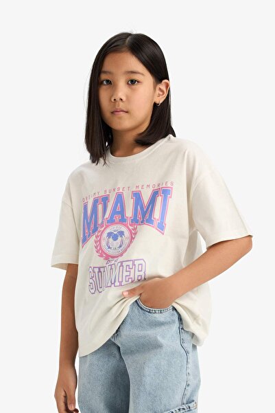 DeFacto Дівчача оверсайз футболка з широким кроєм, велосипедним коміром і принтом, коротким рукавом E0386A825SM