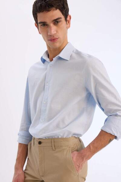 DeFacto Regular Fit Polo Yaka Keten Karışımlı Yazlık Uzun Kollu Gömlek E0518AX25SM