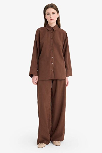 DeFacto Relax Fit 2Li Suit Seersucker Textured Long Sleeve Shirt Pants F4094Ax25Sm
