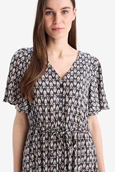 DeFacto V-Neck Floral Print Lace-Up Short Sleeve Midi Summer Dress D2835Ax25Sm