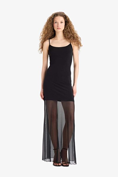 DeFacto Coool Bodycon Vücudu Saran Kare Yaka Askılı Tül Maxi Elbise F5548AX25SM