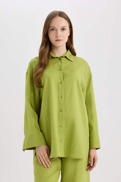 DeFacto Relax Fit Keten Karışımlı Uzun Kollu Gömlek Tunik D8183AX25SP