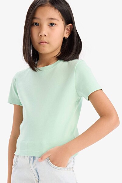 DeFacto Girl's Slim Fit Slim Fit Crew Neck Rib Basic Plain Short Sleeve T-Shirt B3054A825Sm