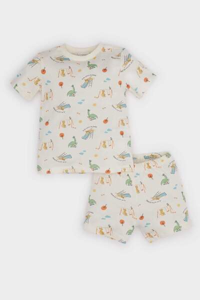 DeFacto Baby Boys Pajamas Set Dinosaur Printed Short Sleeve Combed Cotton Top Elastic Waist Shorts E9606A525Sm