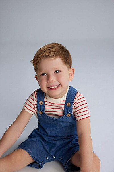 DeFacto Erkek Bebek 2'li Takım Çizgili Kısa Kollu Tişört Jean Salopet Tulum E7934A525SM