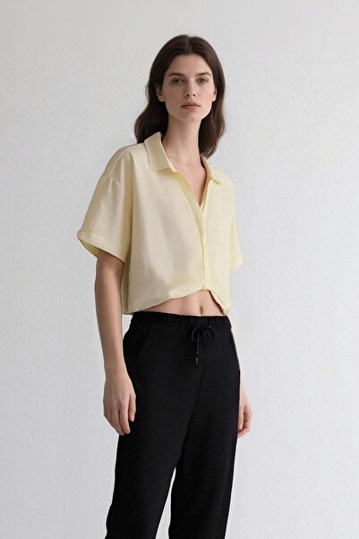 DeFacto Cropped Fit Gömlek Yaka Keten Görünümlü Kısa Kollu Bluz C7799AX25SP