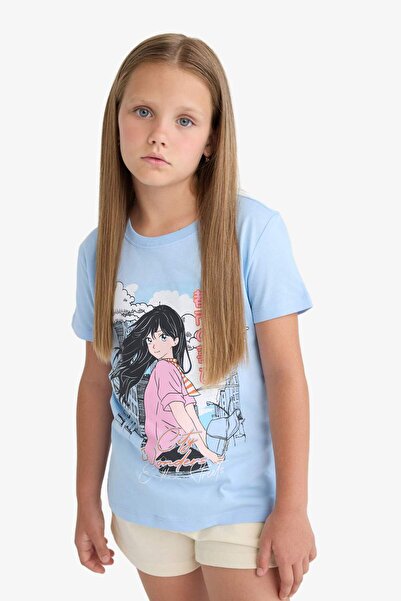 DeFacto Kız Çocuk Bisiklet Yaka Anime Baskılı Kısa Kollu Tişört E0351A825SM