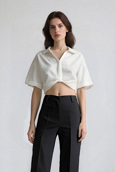 DeFacto Cropped Fit Gömlek Yaka Keten Görünümlü Kısa Kollu Bluz C7799AX25SP