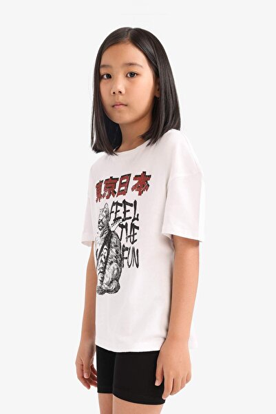 DeFacto Girl's 2-Piece Set Printed Short Sleeve T-Shirt Biker Leggings E5698A825Hs