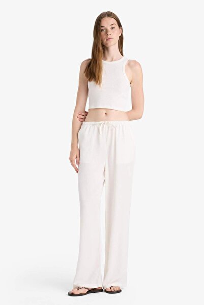 DeFacto Wide Leg Cepli Yüksek Bel Standart Boy Keten Karışımlı Pantolon F5024AX25SP