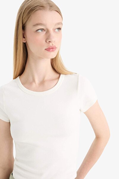 DeFacto Coole Fitted Basic Einfarbige Ripp Kurzarm-T-Shirt F4609AXNS