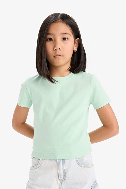 DeFacto Girl's Slim Fit Slim Fit Crew Neck Rib Basic Plain Short Sleeve T-Shirt B3054A825Sm