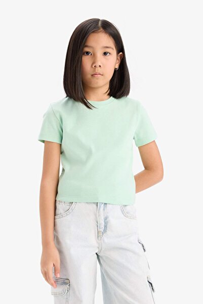 DeFacto Girl's Slim Fit Slim Fit Crew Neck Rib Basic Plain Short Sleeve T-Shirt B3054A825Sm