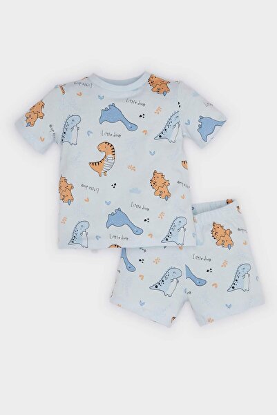 DeFacto Erkek Bebek Pijama Takımı Dinozor Baskılı Kısa Kollu Penye Üst Beli Lastikli Şort E9605A525SM
