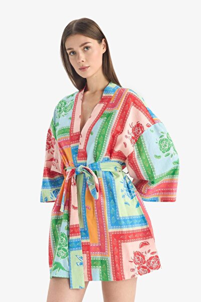 DeFacto Regular Fit Desenli Kuşaklı Pamuklu Kimono-Fall in Love D0453AX25SP