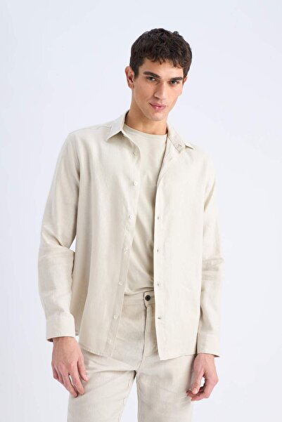 DeFacto %100 Keten Regular Fit Polo Yaka Yazlık Uzun Kollu Gömlek D9925AX25SP