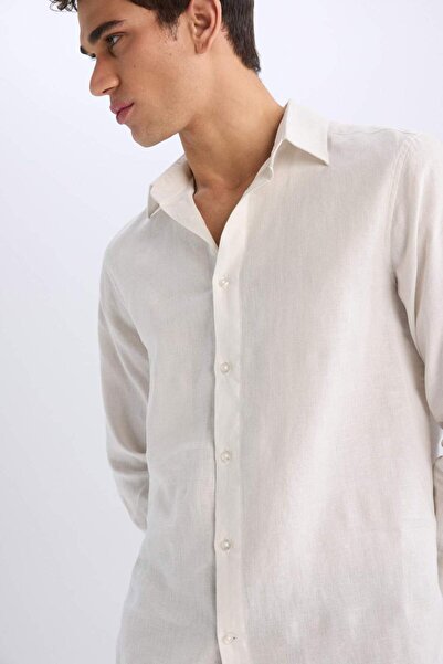 DeFacto %100 Keten Regular Fit Polo Yaka Yazlık Uzun Kollu Beyaz Gömlek D9925AX25SP
