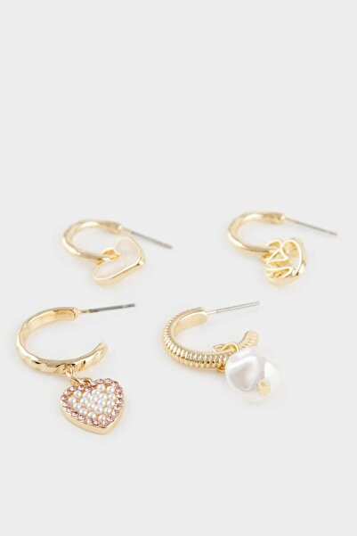 DeFacto Women's 4-Piece Heart Detailed Gold Earrings F0730Axns