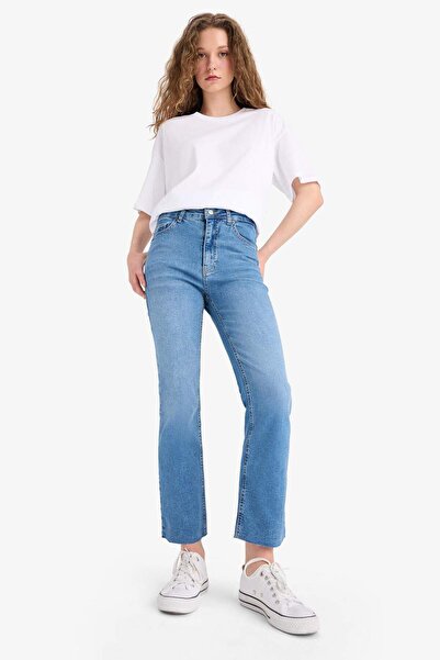 DeFacto Crop Flare Fit Yüksek Bel Bilek Boy Jean Yıkamalı Pantolon E8018AX25SM