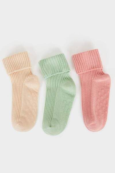 DeFacto Kız Bebek Kaydırmaz Taban 3'lü Pamuklu Uzun Çorap E4645A5NS