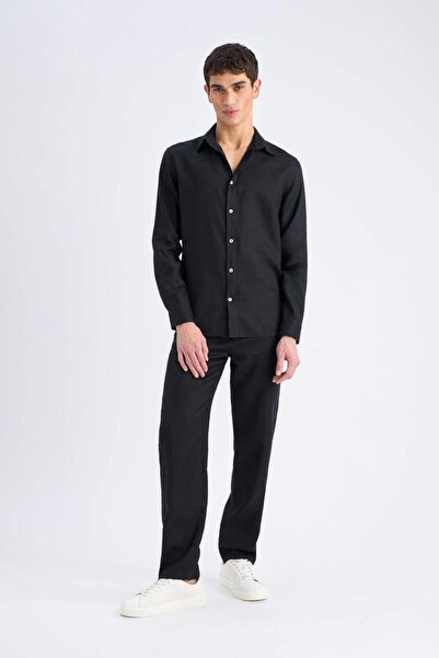 DeFacto %100 Keten Regular Fit Polo Yaka Yazlık Uzun Kollu Siyah Gömlek D9925AX25SP