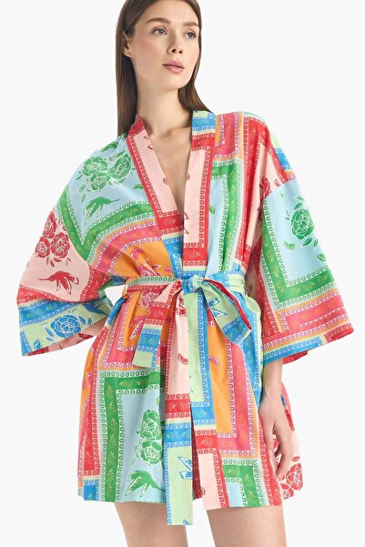 DeFacto Regular Fit Desenli Kuşaklı Pamuklu Kimono-Fall in Love D0453AX25SP
