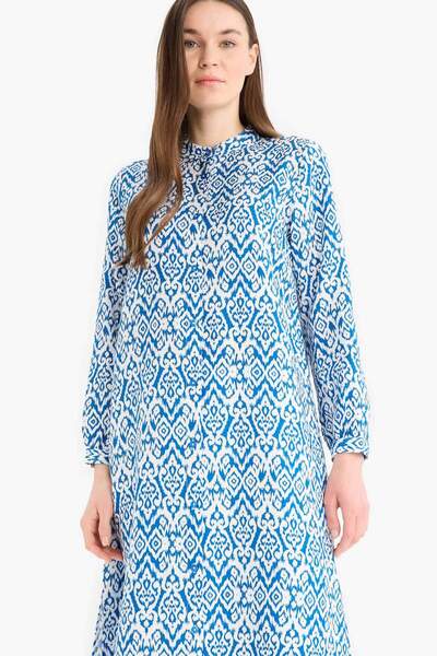 DeFacto Regular Fit Desenli Dik Yaka Uzun Kollu Diz Altı Tunik D9861AX25SM