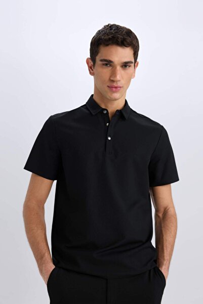 DeFacto Slim Fit Slim Fit Polo Neck Short Sleeve Waffle Black T-Shirt E1209Ax25Sm