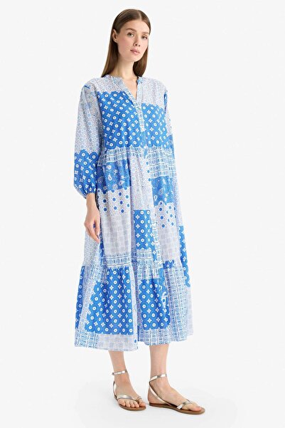 DeFacto Rochie de plajă din voile cu mânecă lungă cu imprimeu tropical-Fall in Love E7745AX25SP