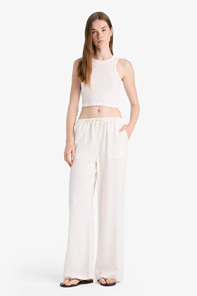 DeFacto Wide Leg Cepli Yüksek Bel Standart Boy Keten Karışımlı Pantolon F5024AX25SP