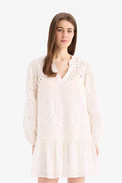 DeFacto Apaş Yaka Brode Uzun Kollu Mini Plaj Elbisesi-Fall in Love D8734AX25SM